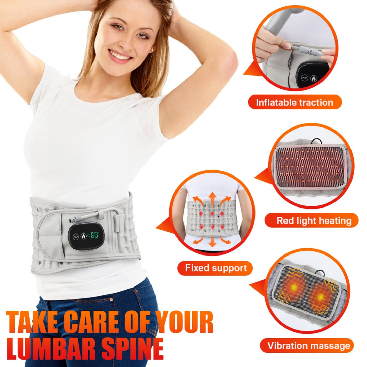 Inflatable Back Support Belt with Heating, Vibration Massage for Back Pain Relief