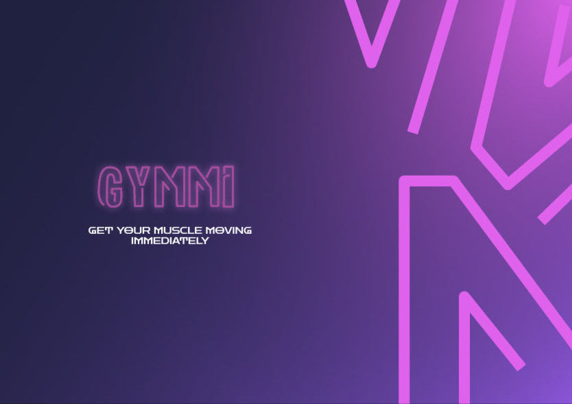 Purple background with geometric shapes and 'GYMMI' branding