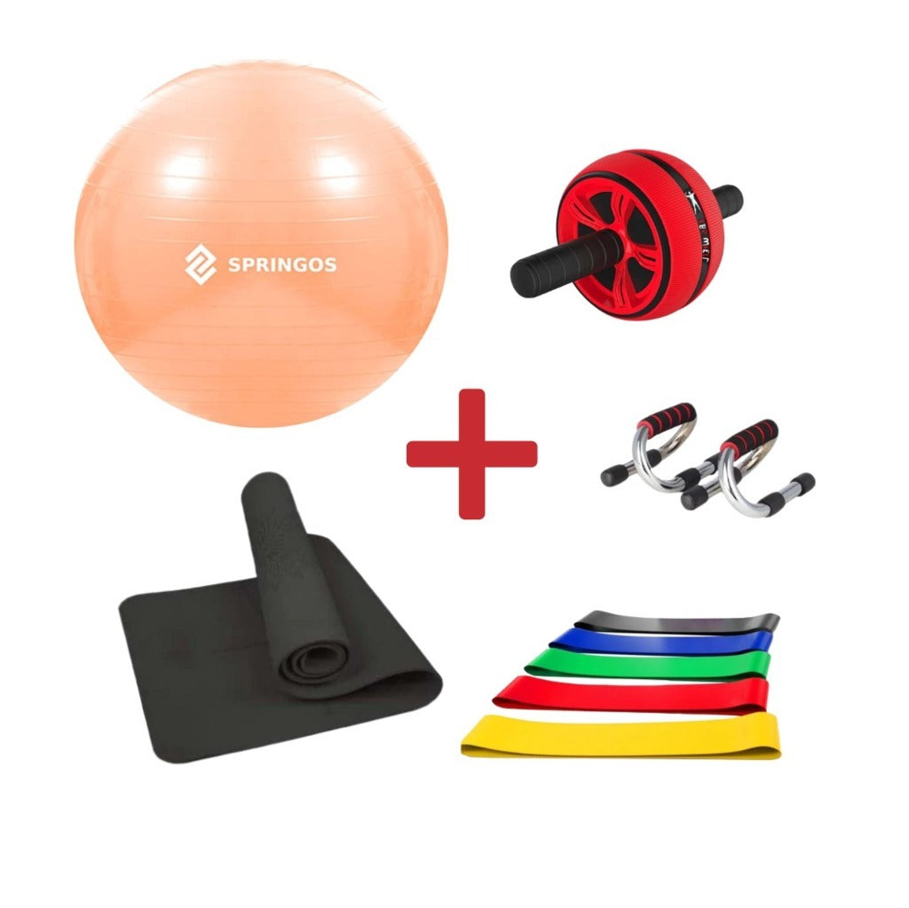 [KIT COMPLETO] Tappetino Fitness da 6mm + Fit Ball + Maniglie per piegamenti + Ab Roller + Kit Fasce Elastiche