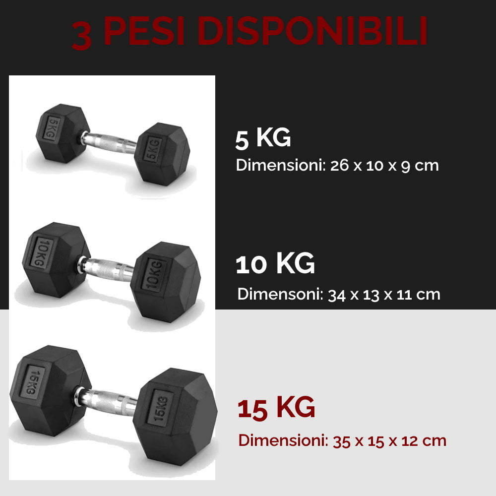Manubri Palestra Esagonali Professionali da 5, 10, 15 Kg