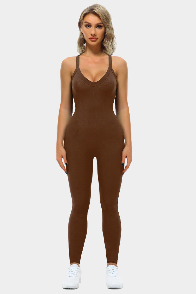 Vutru Brown Seamless Ribbed Romper