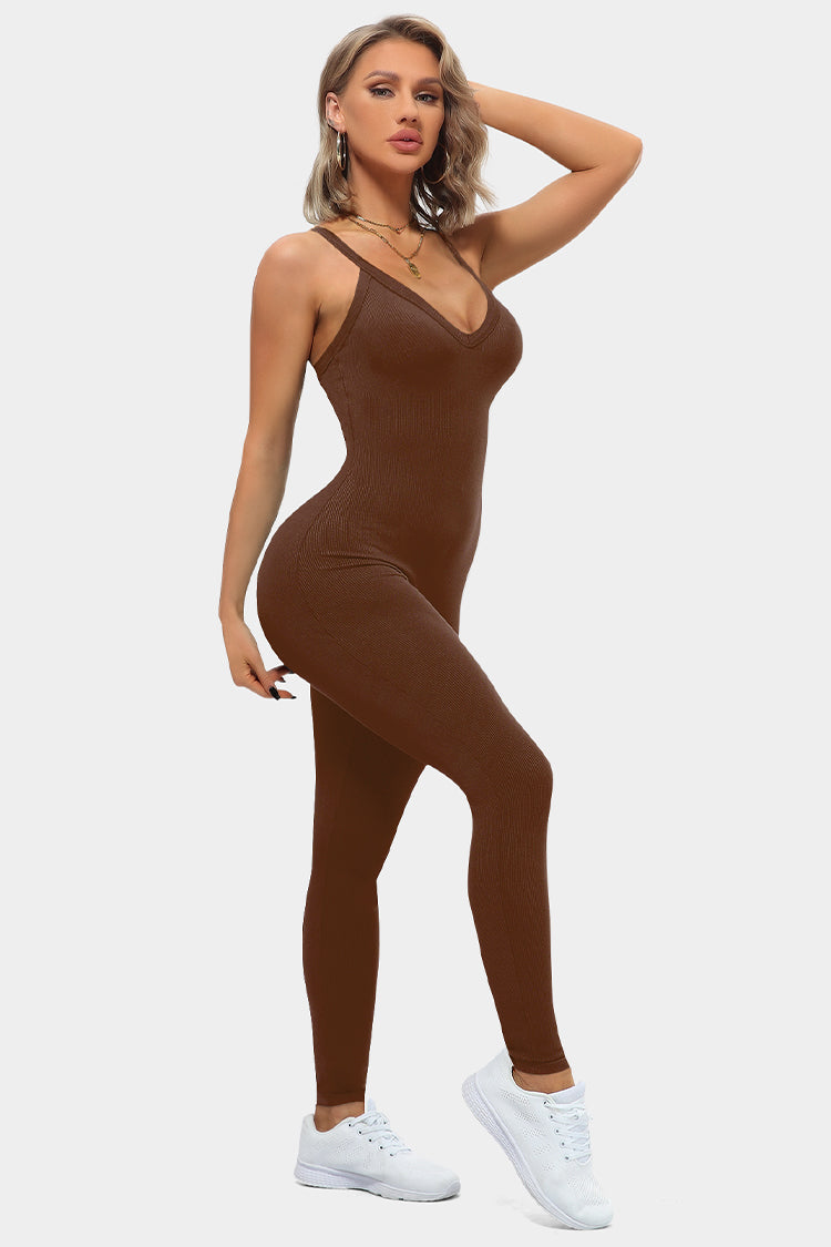Vutru Brown Seamless Ribbed Romper