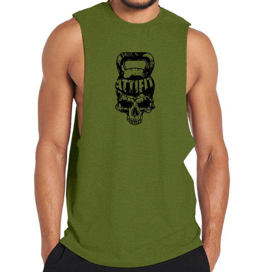Cotton Kettlebell Skull Graphic Workout Tank Top