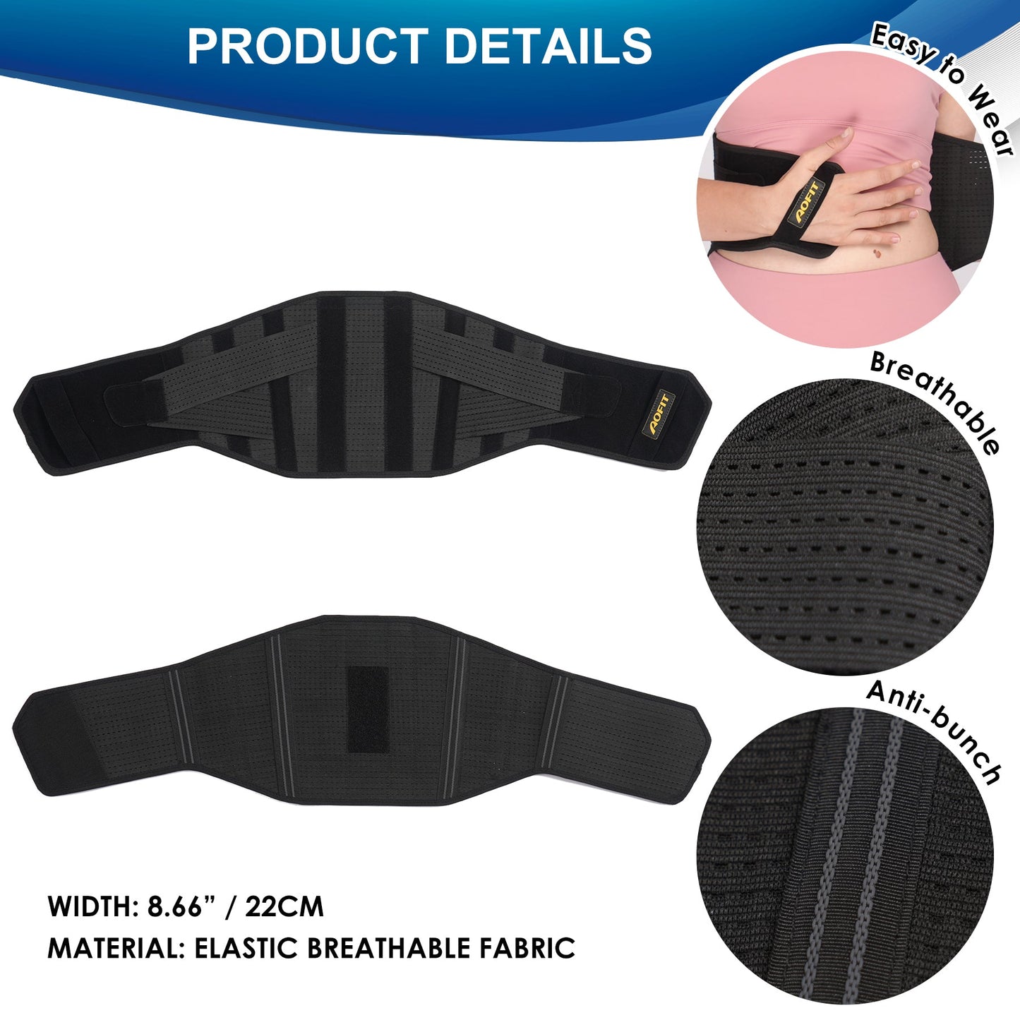Aofit Back Brace with 6 Lumbar Support Stays, Removable Support Pad and Heating Pad