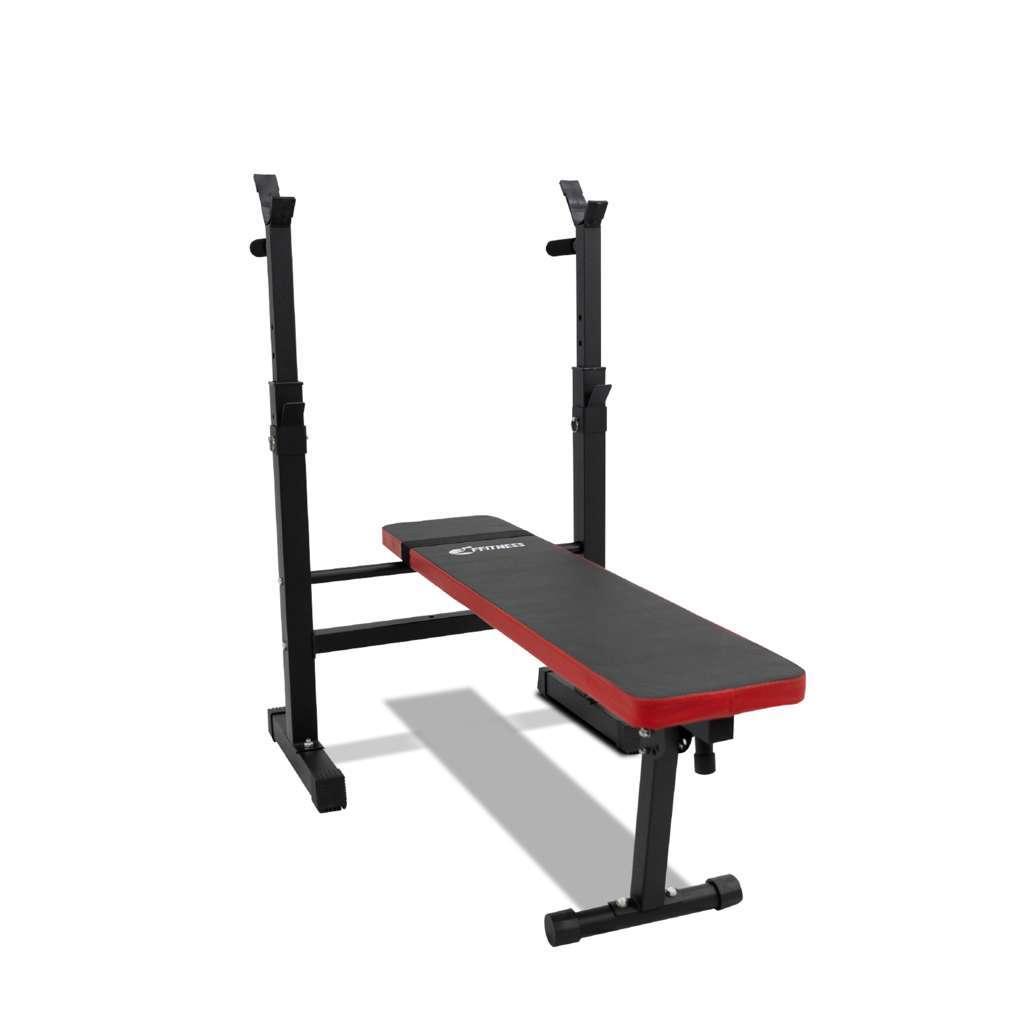 Flat Folding Weight Bench with Adjustable Barbell Rack - GYMMI