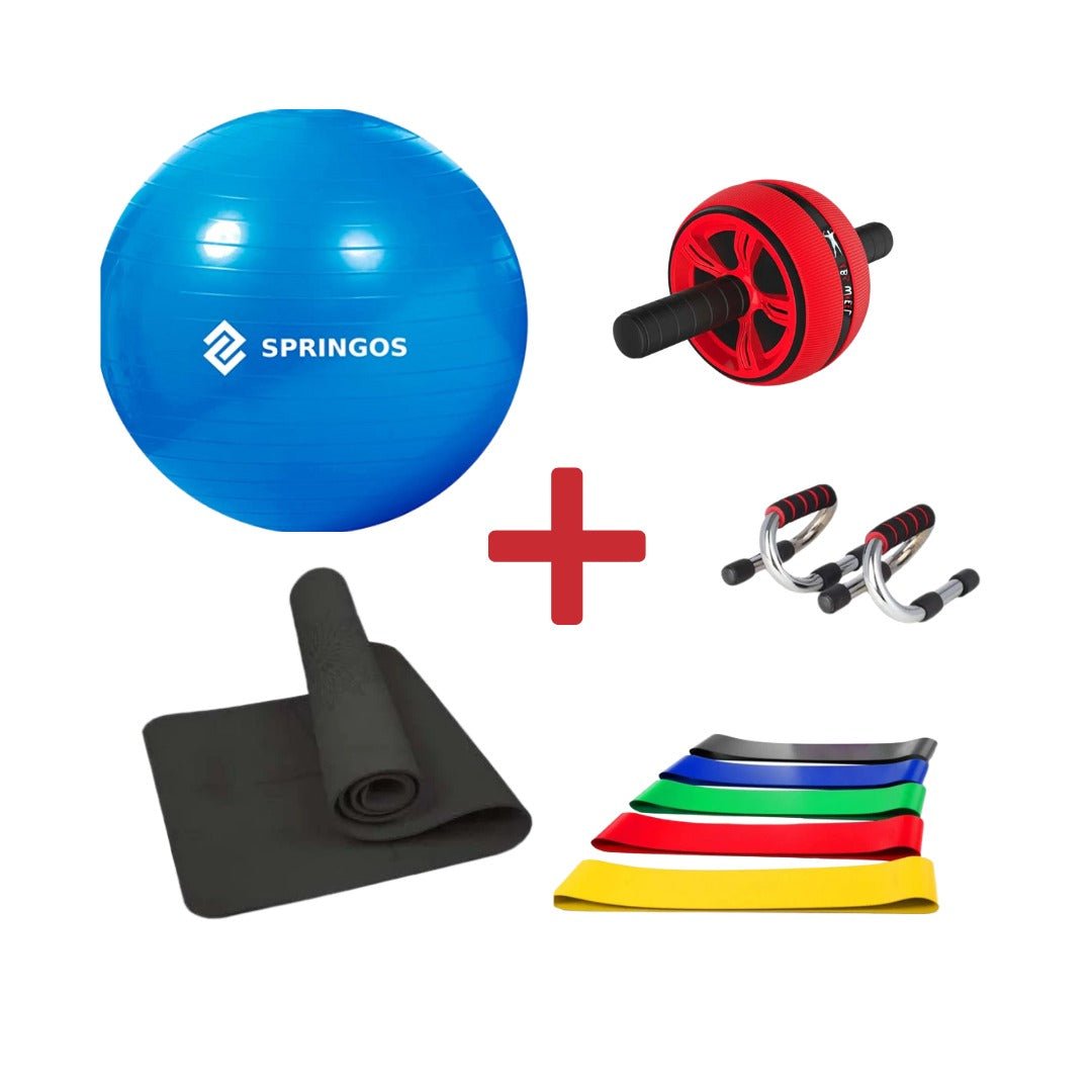 [KIT COMPLETO] Tappetino Fitness da 6mm + Fit Ball + Maniglie per piegamenti + Ab Roller + Kit Fasce Elastiche - GYMMI