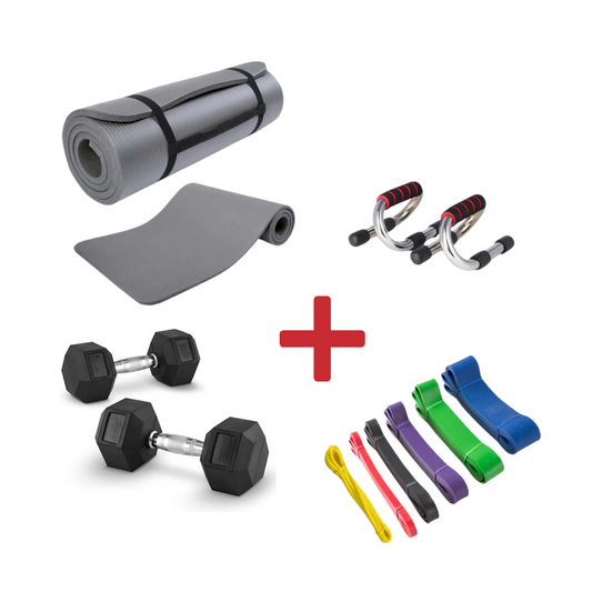 [KIT COMPLETO] Coppia manubri + Tappetino Fitness + Maniglie per piegamenti + Kit Fasce Elastiche