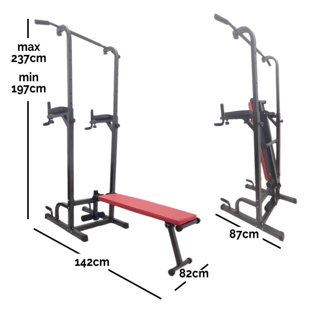 Power Tower with Chin Up, Dip Station & Foldable Bench - GYMMI