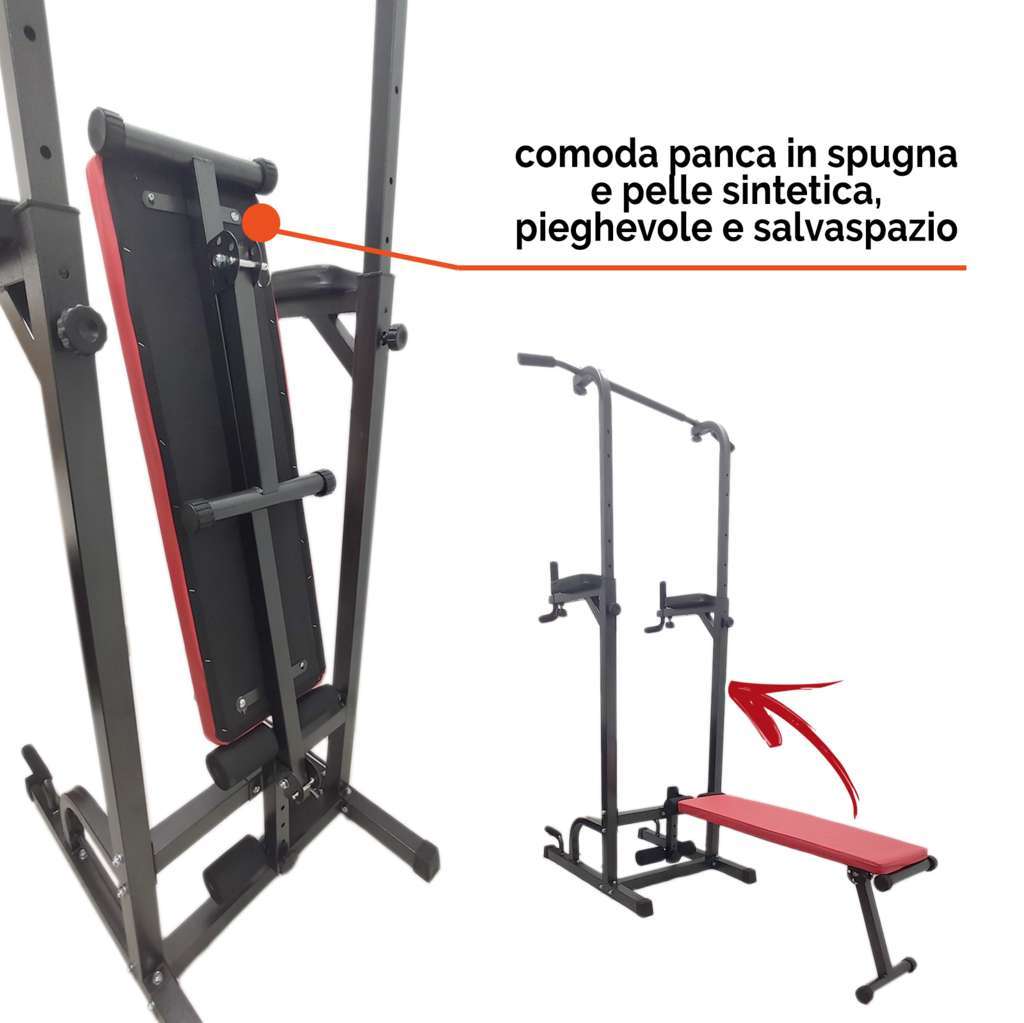 Power Tower with Chin Up, Dip Station & Foldable Bench - GYMMI